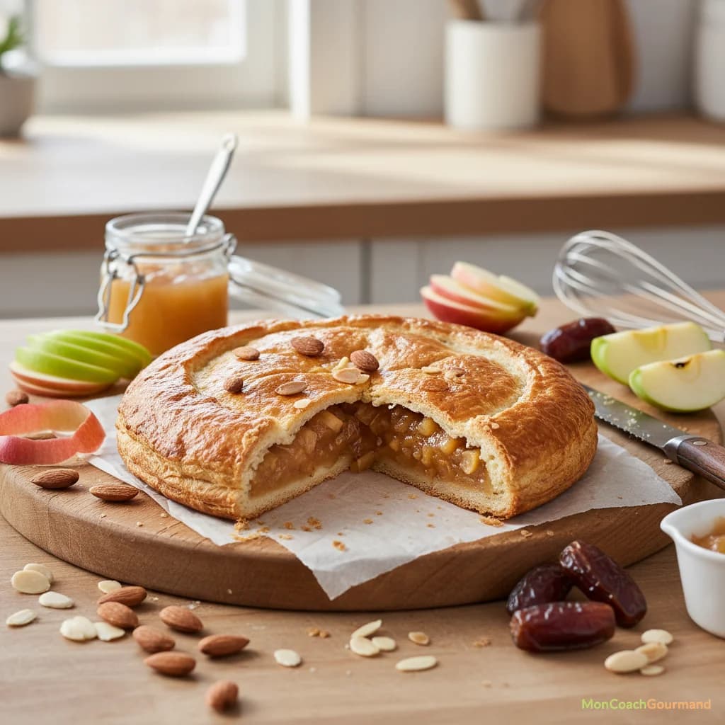Galette des rois allégée faite maison, garnie de fruits frais et de pâte d'amande moins sucrée, posée sur une table de cuisine lumineuse, évoquant des alternatives saines et gourmandes.