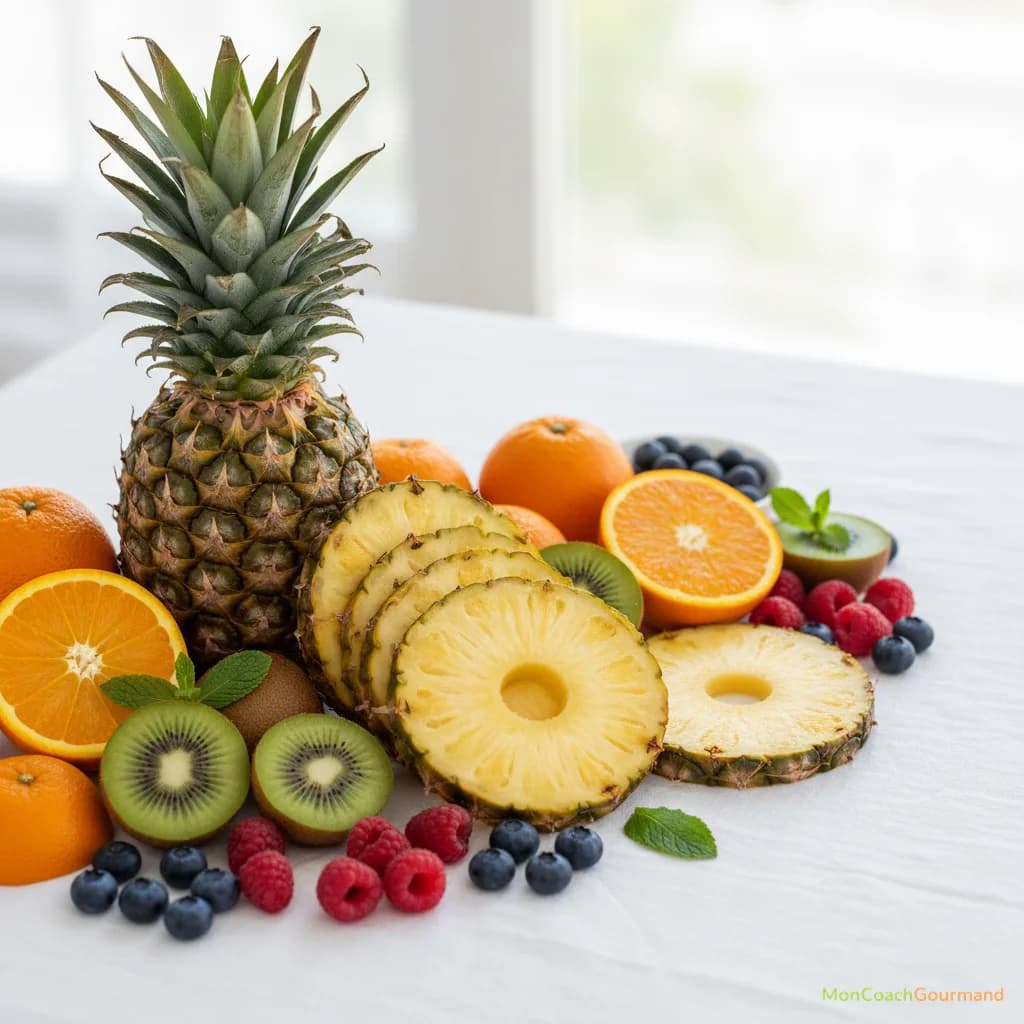 Image réaliste d'un ananas entier et de plusieurs tranches coupées, entourés d'autres fruits frais colorés (oranges, kiwis, baies), sur une nappe blanche, symbolisant la richesse nutritionnelle.