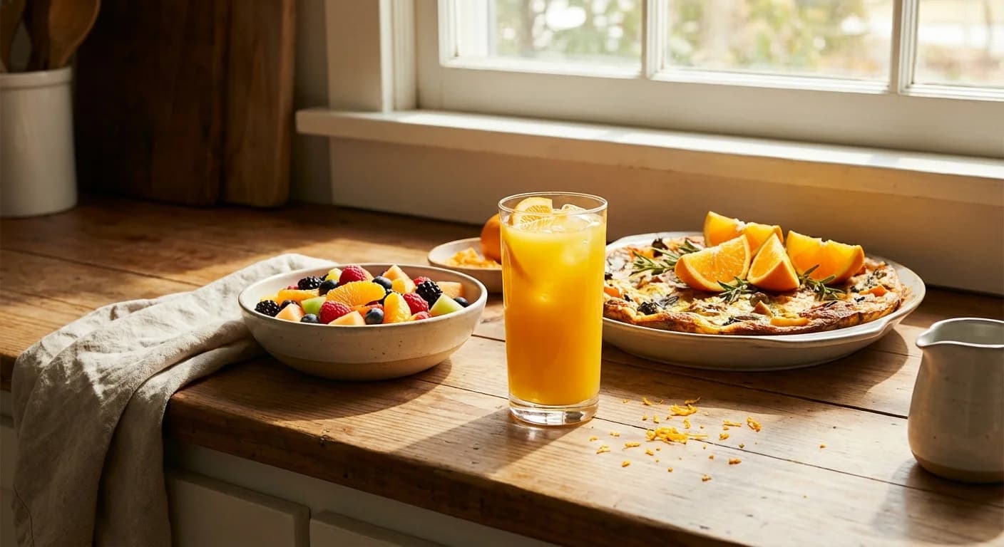 Cuisine lumineuse avec diverses préparations à base d'orange : un jus frais, une salade de fruits colorée, et des quartiers d'orange décorant un plat
