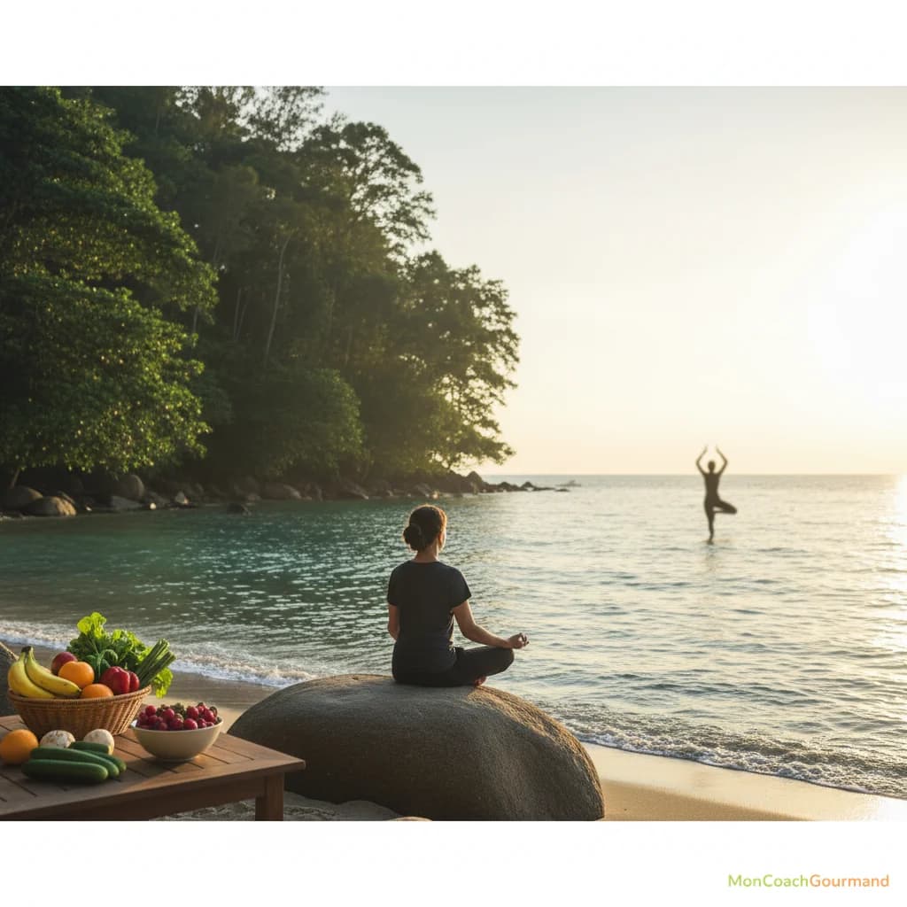 Une personne méditant calmement dans un cadre naturel, avec des éléments symbolisant la nourriture saine et l'activité physique en arrière-plan flou, illustrant l'harmonie entre le corps et l'esprit.
