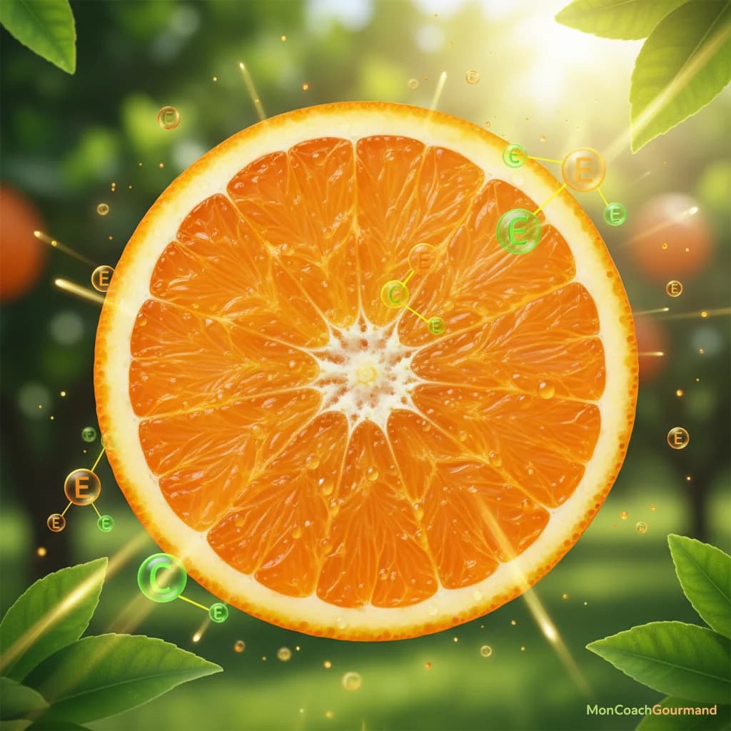 Coupe transversale d'orange révélant sa pulpe juteuse et ses segments, avec des éléments visuels symbolisant la nutrition et l'énergie