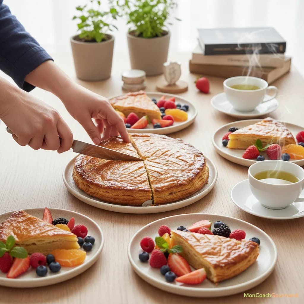 Personne coupant une petite part de galette des rois, accompagnée de fruits frais et d'une boisson saine, illustrant une dégustation modérée et consciente.