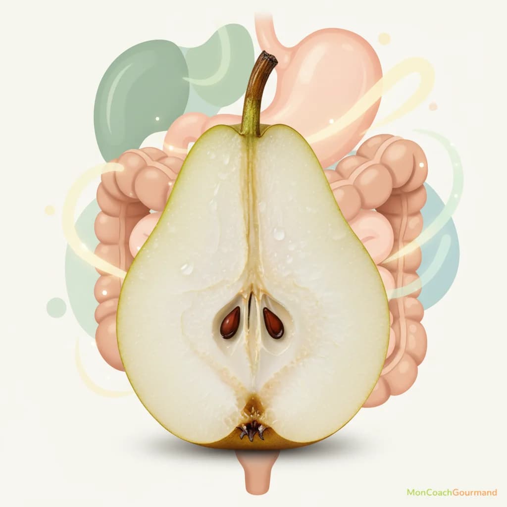 Illustration des fibres alimentaires dans une poire coupée, avec un système digestif stylisé en arrière-plan