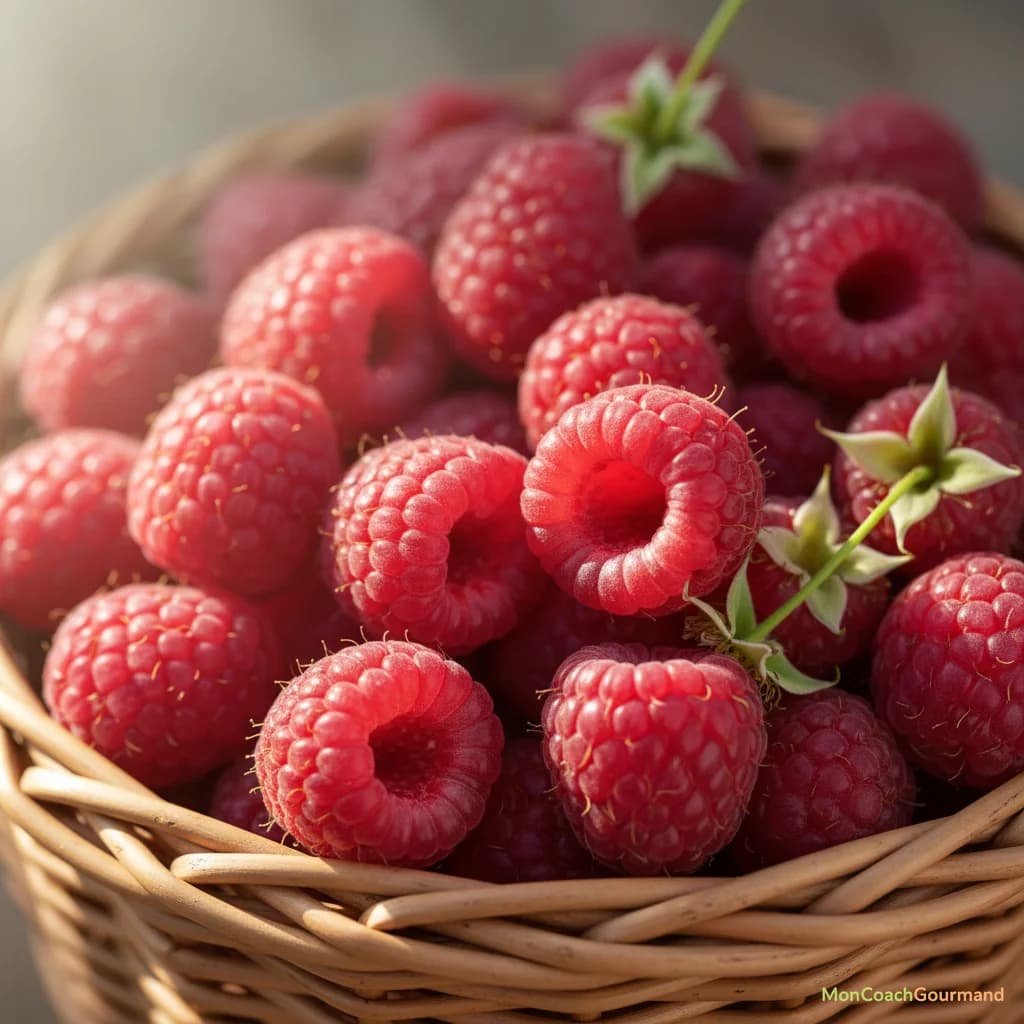 Gros plan sur des framboises fraîches et colorées, mettant en évidence leurs propriétés antioxydantes.