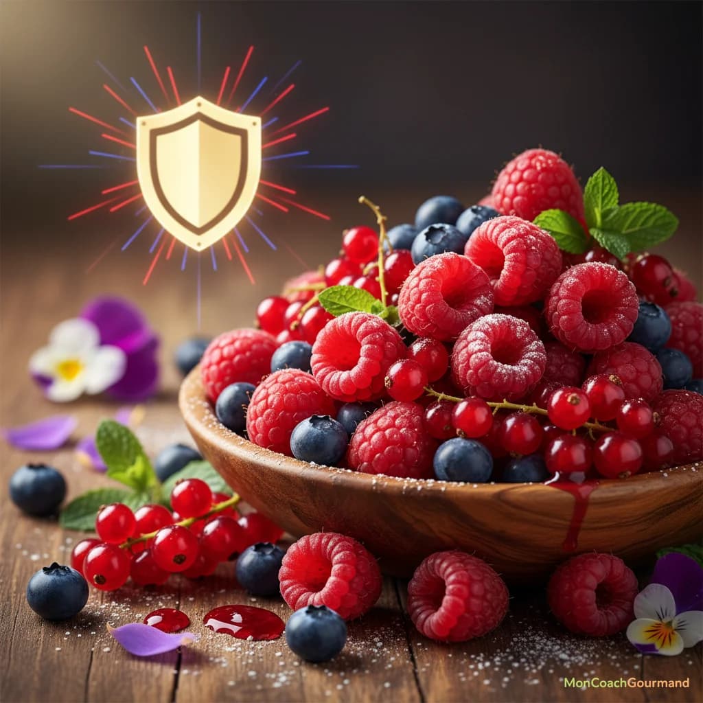 Des framboises aux couleurs vives, évoquant la vitalité et la protection naturelle contre les maladies.