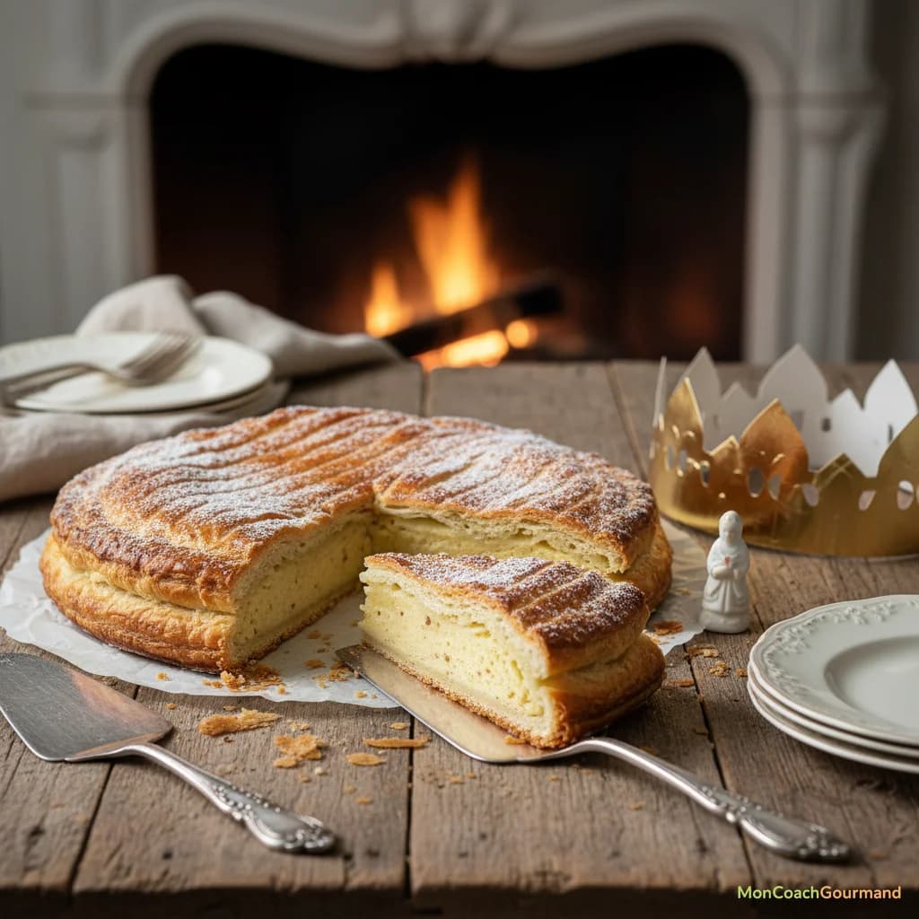 Galette des rois coupée en parts, révélant la frangipane riche et dorée, symbolisant la tradition et la composition calorique.