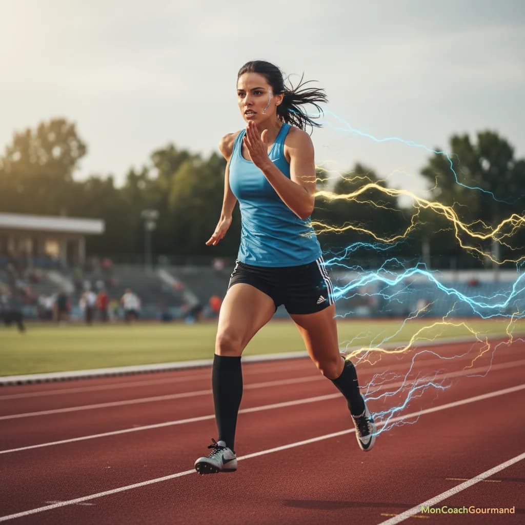 Une personne souriante réalisant un sprint intense pendant un entraînement HIIT, avec des intervalles de repos. L'environnement est dynamique et énergisant, illustrant l'efficacité de cette méthode pour brûler les graisses.