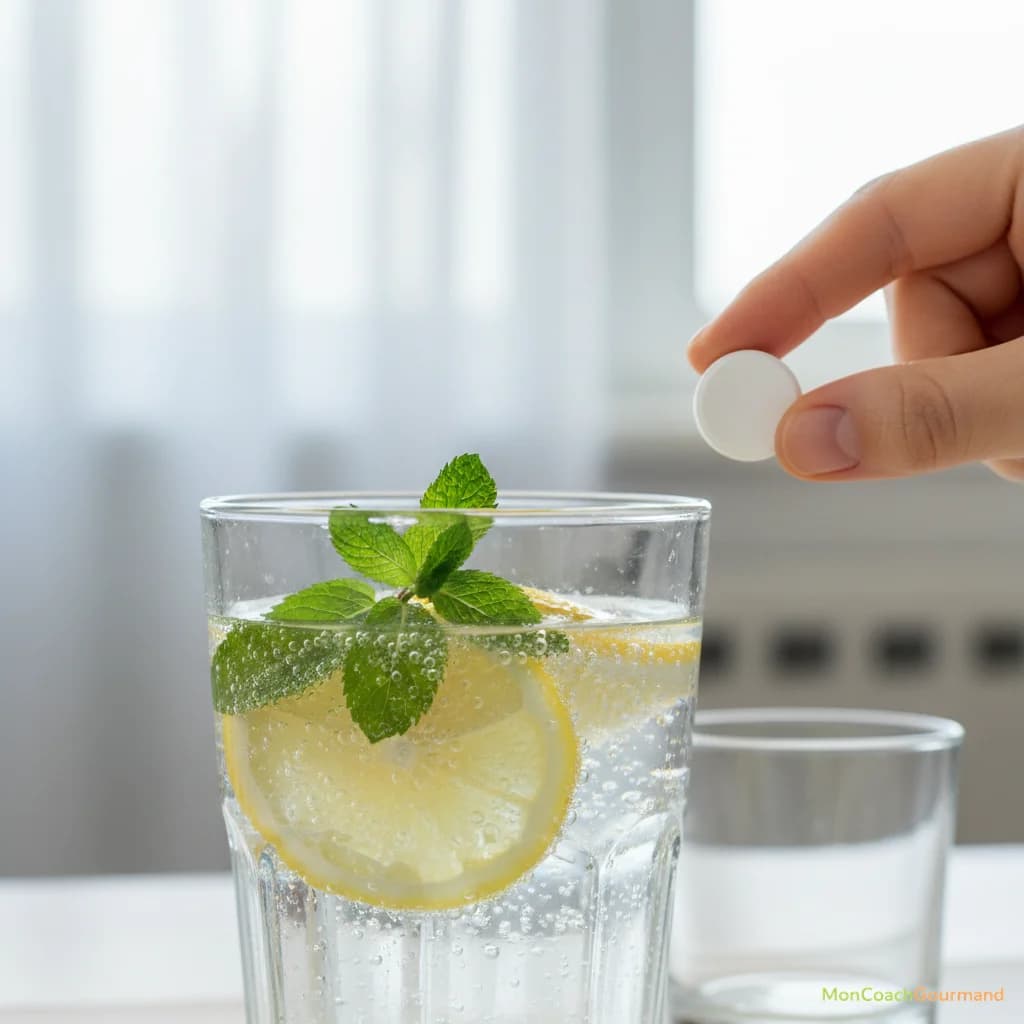 Un verre d'eau citronnée avec des feuilles de menthe, symbole de l'hydratation post-fêtes