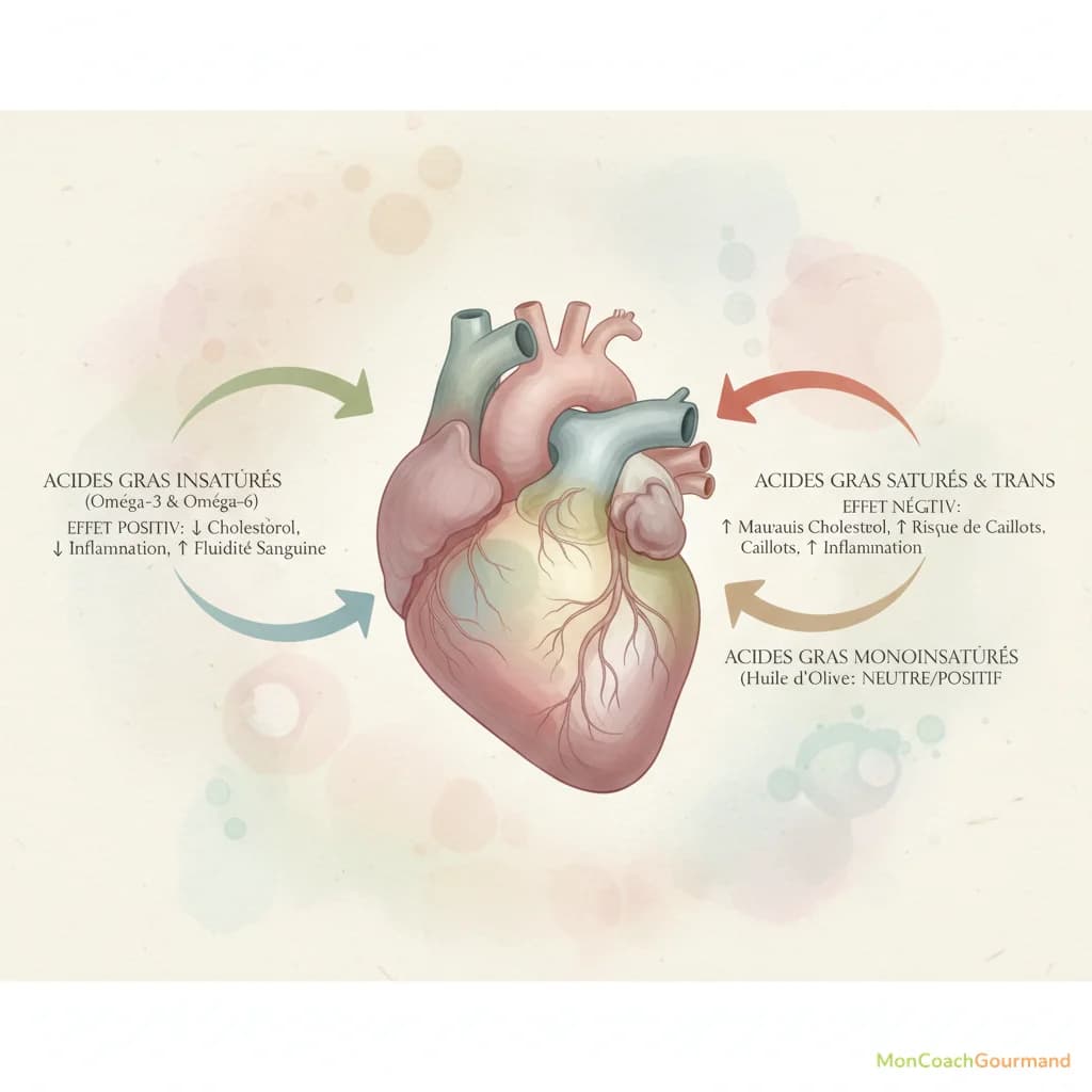 Vue rapprochée d'un cœur humain stylisé avec des flèches illustrant l'impact positif et négatif de différents types d'acides gras sur la santé cardiovasculaire. L'image est réaliste avec des couleurs douces.