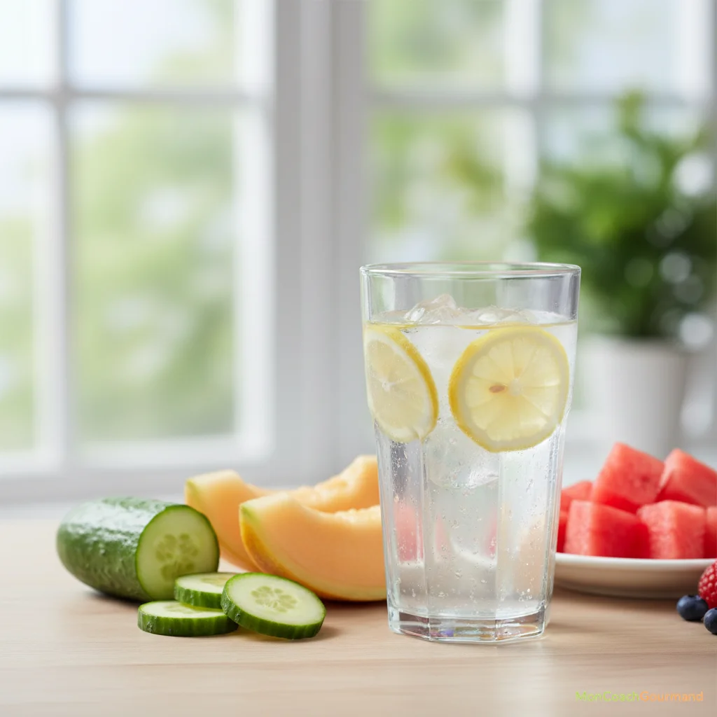 Verre d'eau frais avec des fruits et légumes coupés, symbolisant l'apport hydrique essentiel du corps.