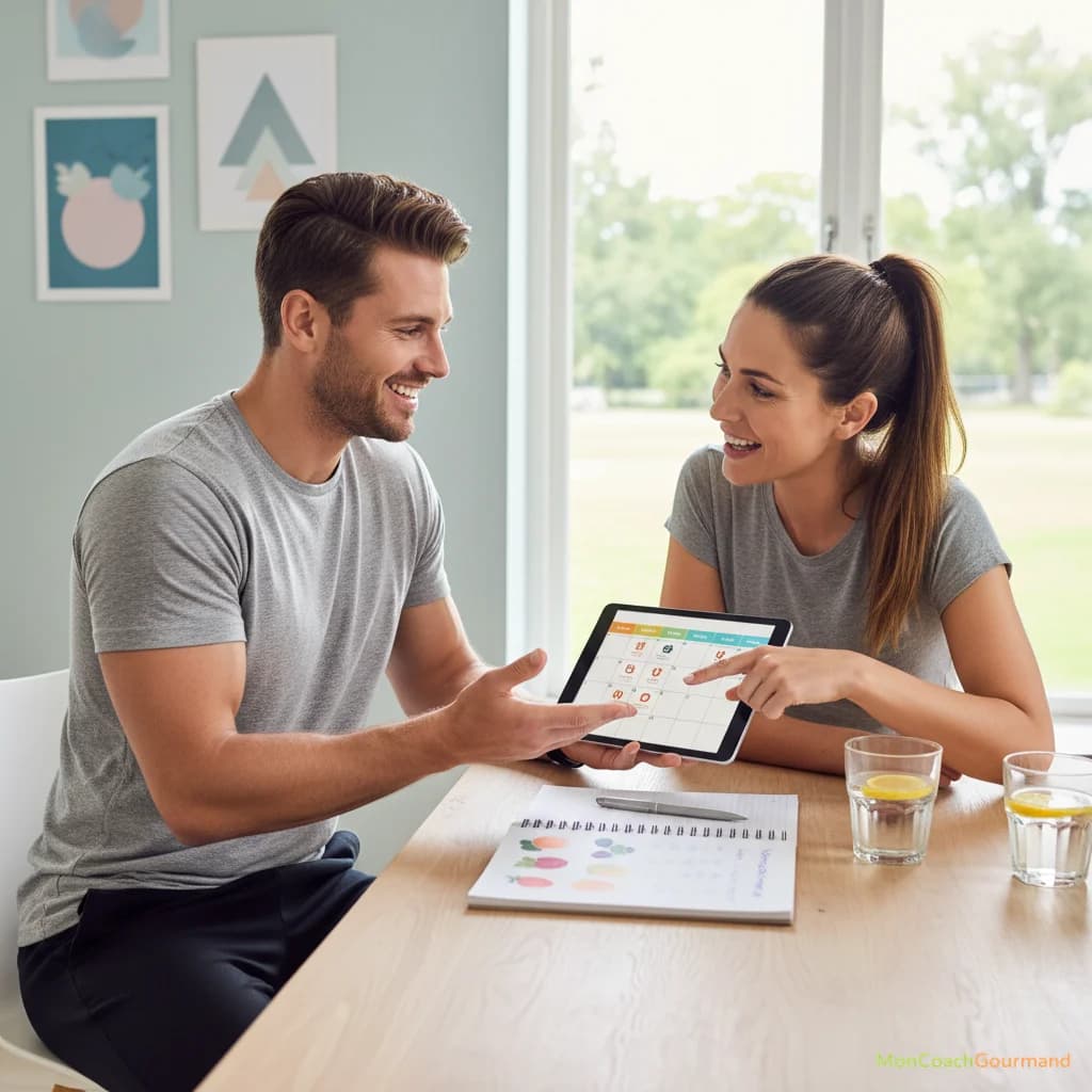 Un coach nutritionnel souriant discutant avec une cliente motivée, illustrant l'importance d'une planification d'exercices personnalisée et d'un accompagnement pour intégrer le sport dans une routine de vie saine.