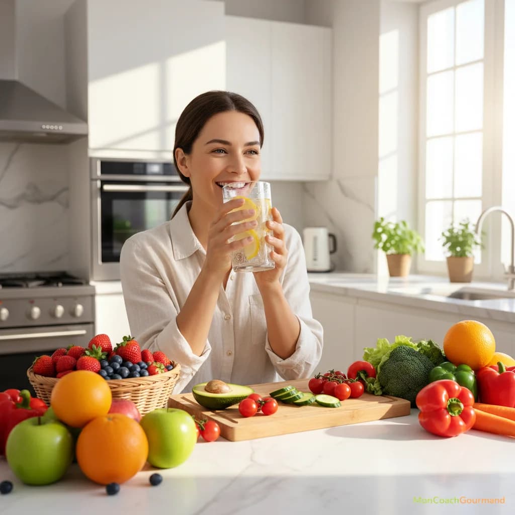 Une personne souriante buvant un grand verre d'eau fraîche, entourée de fruits et légumes frais, dans un environnement lumineux et dynamique, symbolisant l'énergie retrouvée par de bonnes habitudes.