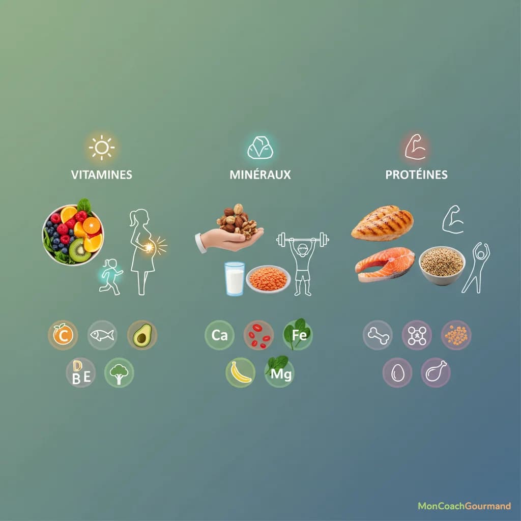Représentation visuelle des nutriments clés (vitamines, minéraux, protéines) associés à des icônes d'aliments riches et des symboles d'âge et de genre (femme enceinte, enfant, sportif senior). Le style est un mélange de photographies réalistes d'aliments et d'infographies claires, sur un fond apaisant.