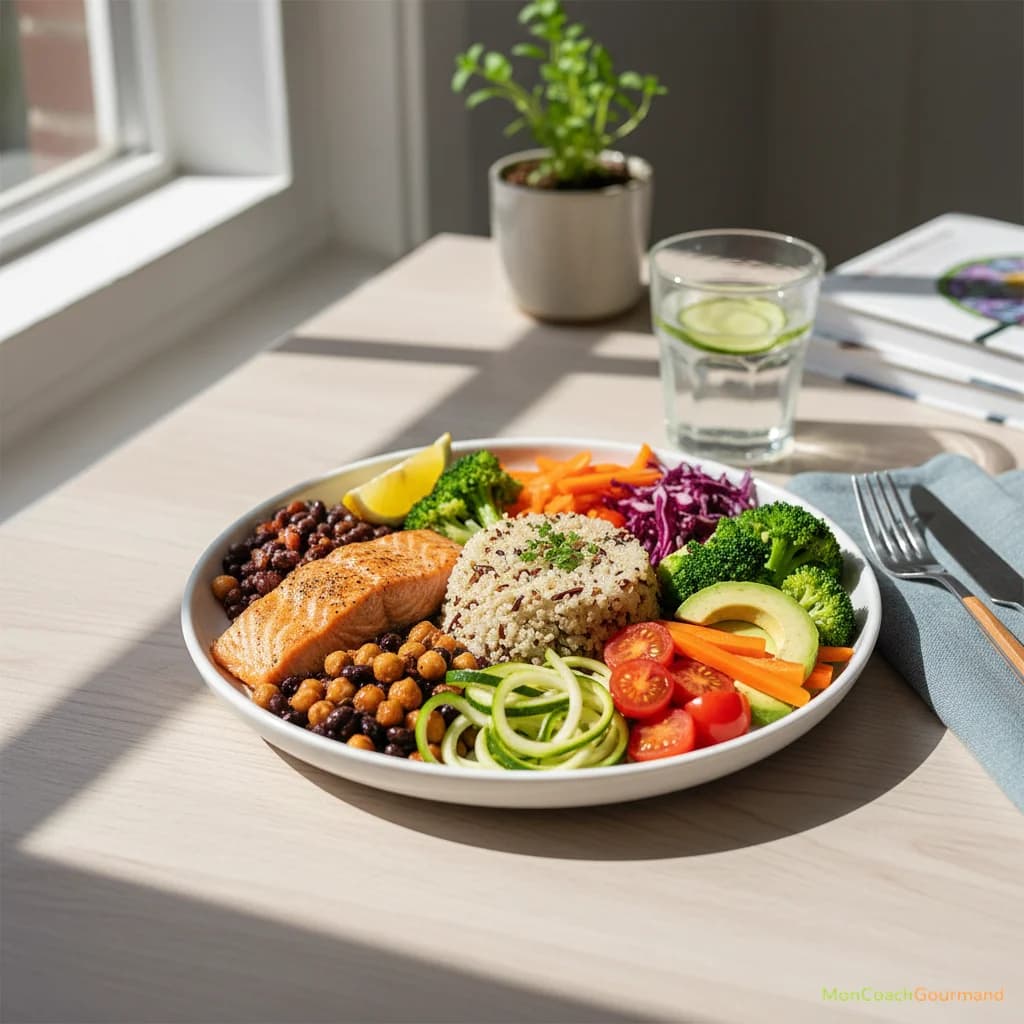 Assiette équilibrée et colorée symbolisant un rééquilibrage alimentaire durable. La photo est réaliste et montre des légumes frais, des protéines maigres et des céréales complètes, le tout dans une ambiance lumineuse et saine.