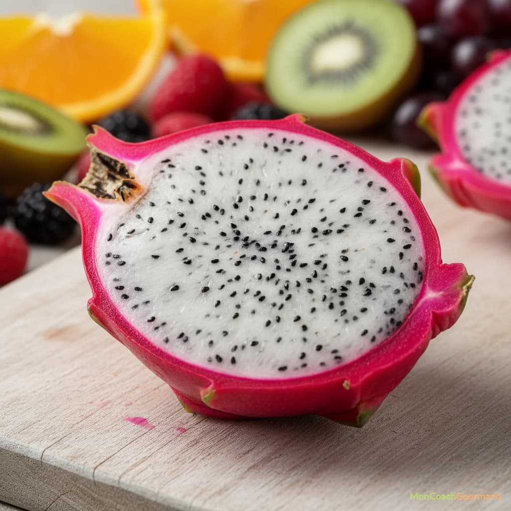 Gros plan sur la chair juteuse d'un pitaya rose, avec ses petites graines noires, coupée en deux, entourée d'autres fruits frais et colorés, symbolisant ses qualités nutritionnelles et son apport en vitalité.
