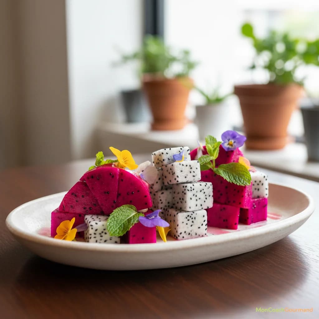 Assiette colorée avec divers morceaux de pitaya rose et blanc, décorée de fleurs comestibles et de feuilles de menthe, créant une composition artistique et appétissante, reflétant l'aspect décoratif du fruit du dragon.