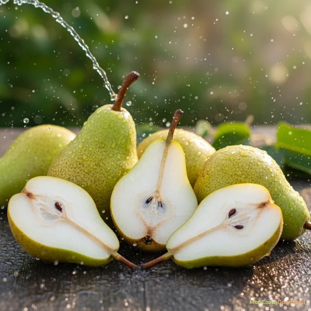 Poires fraîches avec des gouttes d'eau, symbolisant l'hydratation
