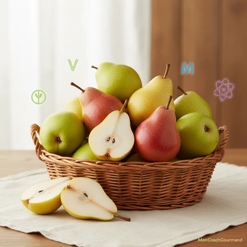Assortiment de poires de différentes variétés dans un panier, avec des symboles de vitamines et d'antioxydants flottant autour