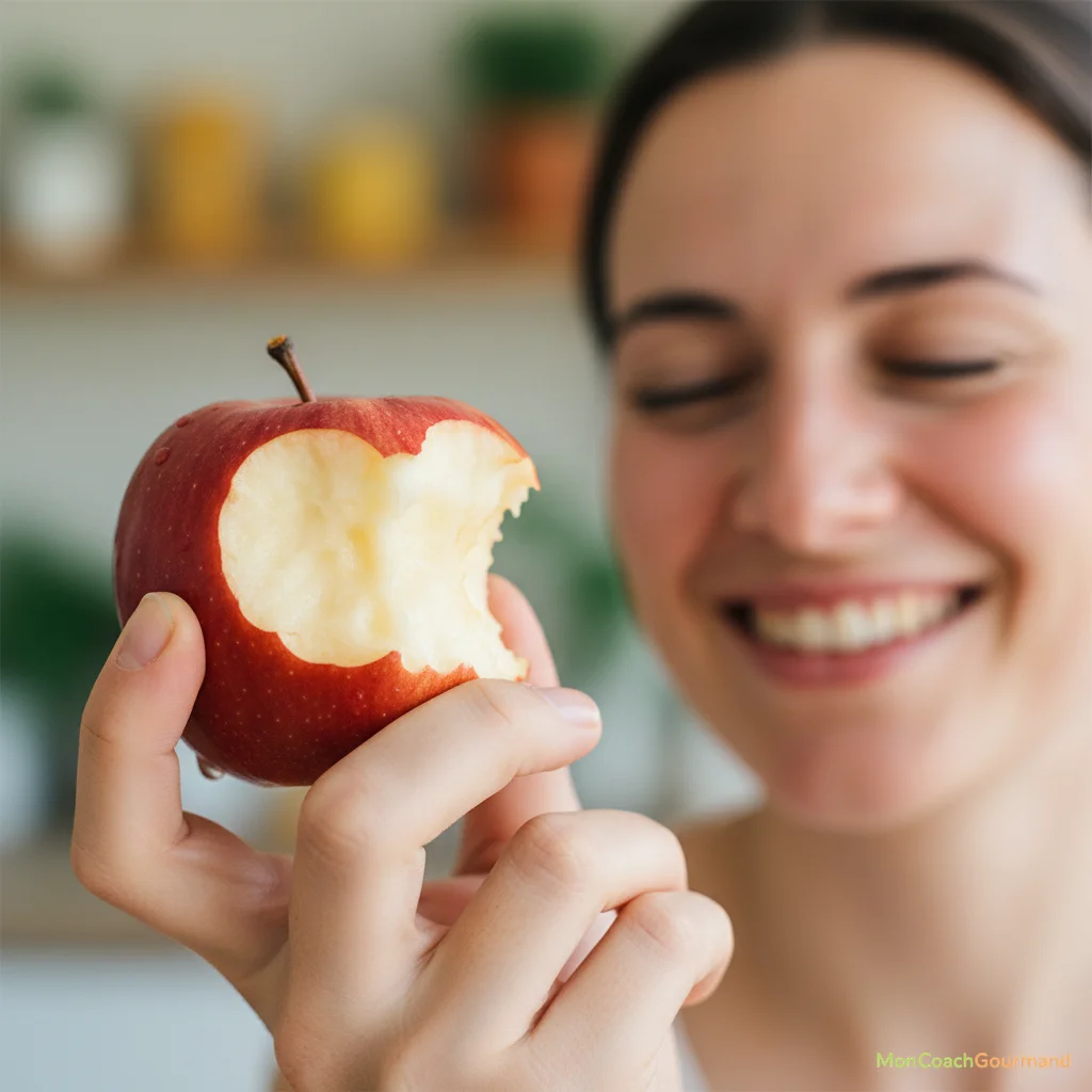 Image d'une personne souriante croquant dans une pomme, évoquant la sensation de bien-être et de satiété, dans un environnement lumineux. Ratio 16:9.