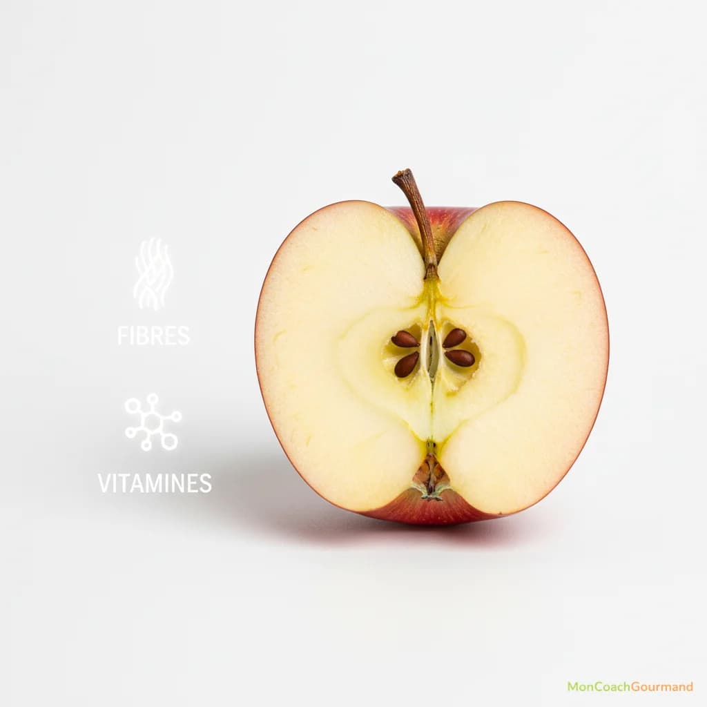Image d'une pomme croquée, montrant sa chair blanche riche en fibres, avec des notes nutritionnelles en arrière-plan.