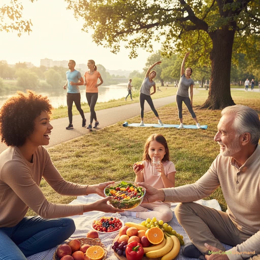 Scène de vie quotidienne où des personnes de différents âges et genres intègrent des choix alimentaires sains (salade colorée, fruits, verre d'eau) et des activités physiques légères (marche, étirements) pour symboliser la prévention des carences et une vitalité optimisée. L'image est réaliste, chaleureuse et inspirante.