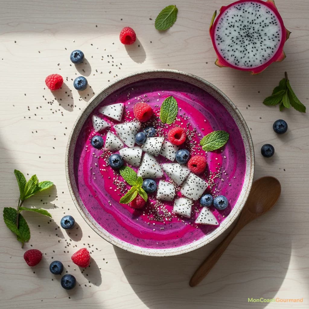 Vue de dessus d'un bol de smoothie coloré garni de morceaux de pitaya frais, de graines de chia, de baies et de feuilles de menthe, sur une table en bois clair, illustrant une idée de recette saine et rafraîchissante.