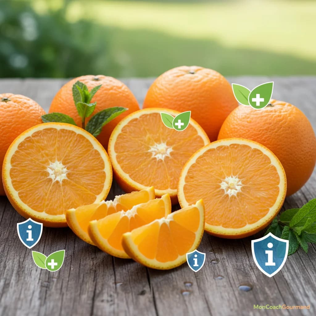 Oranges entières et coupées, avec des icônes discrètes symbolisant l'immunité et des bienfaits pour la santé