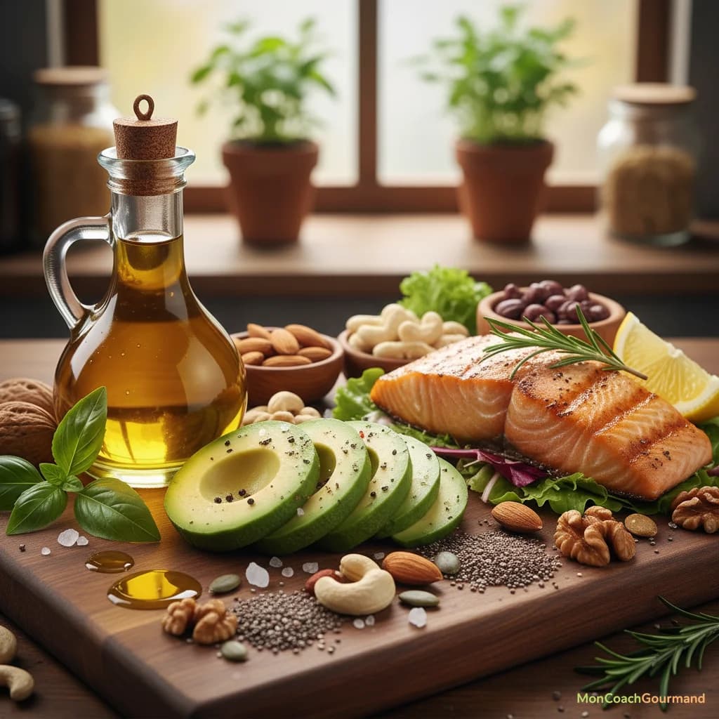 Un assortiment varié de sources alimentaires saines : avocats tranchés, huile d'olive vierge, poisson gras grillé, noix et graines, disposés artistiquement sur une planche en bois. L'image est réaliste et met en valeur la fraîcheur des produits.