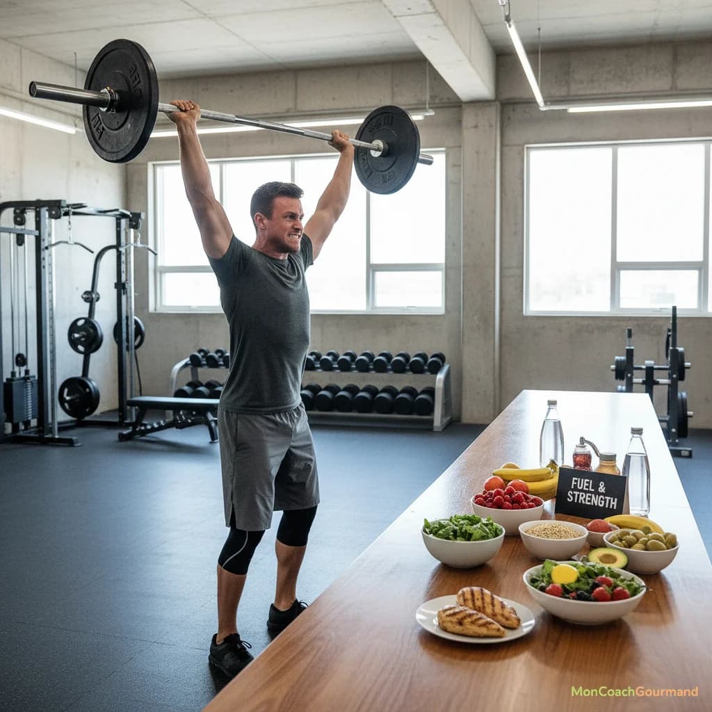Un athlète concentré en train de soulever des poids dans une salle de sport moderne, avec des aliments sains en arrière-plan.