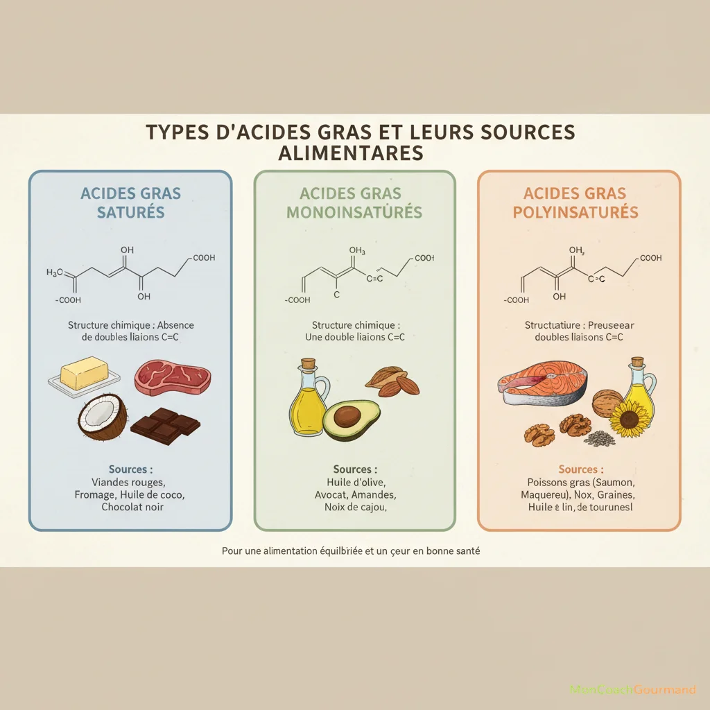 Illustration des différents types d'acides gras (saturés, monoinsaturés, polyinsaturés) avec des exemples d'aliments correspondants, mettant en lumière leur structure chimique et leurs sources. L'image est réaliste et didactique.