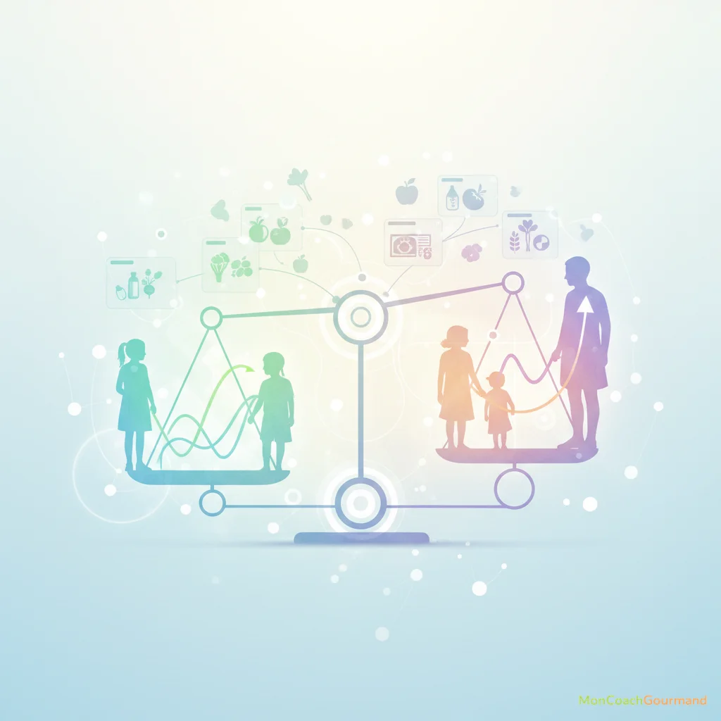 Illustration montrant des silhouettes stylisées d'hommes et de femmes de différents âges (enfant, adolescent, adulte, senior) autour d'une balance nutritionnelle, avec des graphiques symbolisant des besoins énergétiques et en nutriments différents. L'image est réaliste mais didactique, avec des couleurs douces.