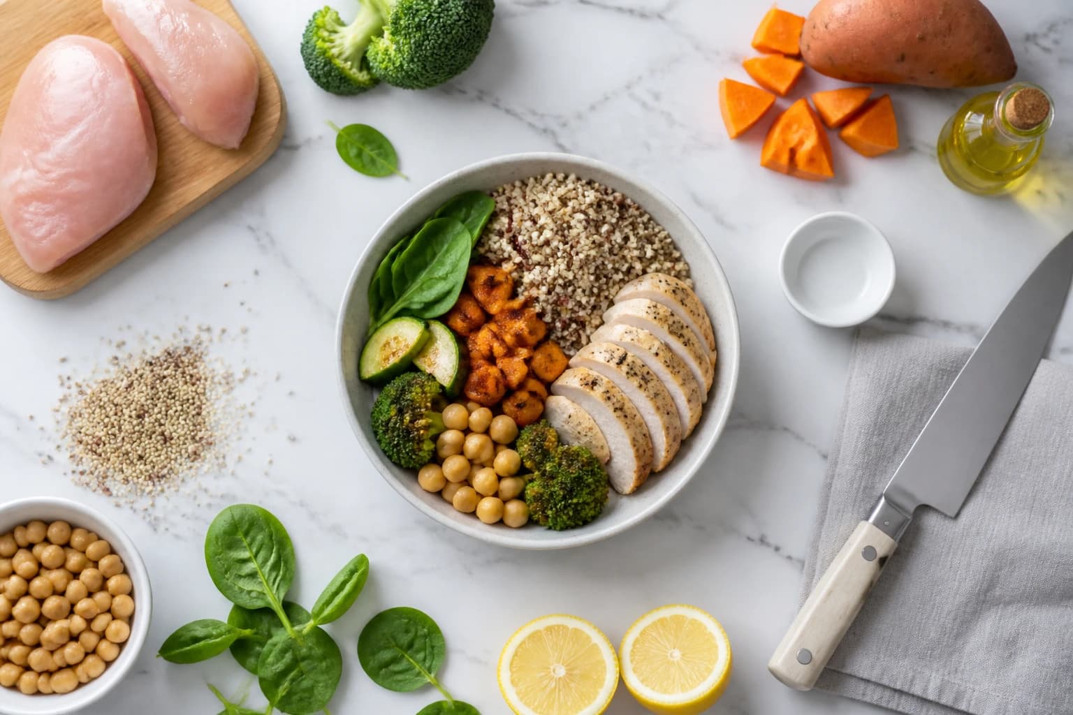 Batch cooking minceur semaine : bowls préparés avec quinoa, poulet et légumes vapeur colorés