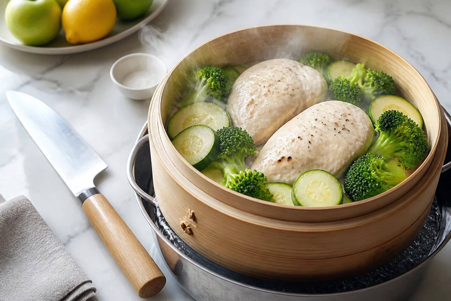Etape 3 : Cuire le poulet et les légumes à la vapeur — Batch cooking minceur : 5 repas préparés en 2h