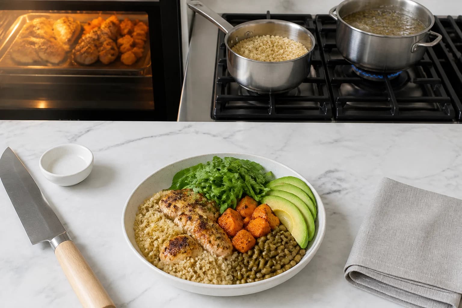 Étape 2 : Cuissons simultanées au four et à la casserole — Batch cooking protéiné minceur : 4 bases solides