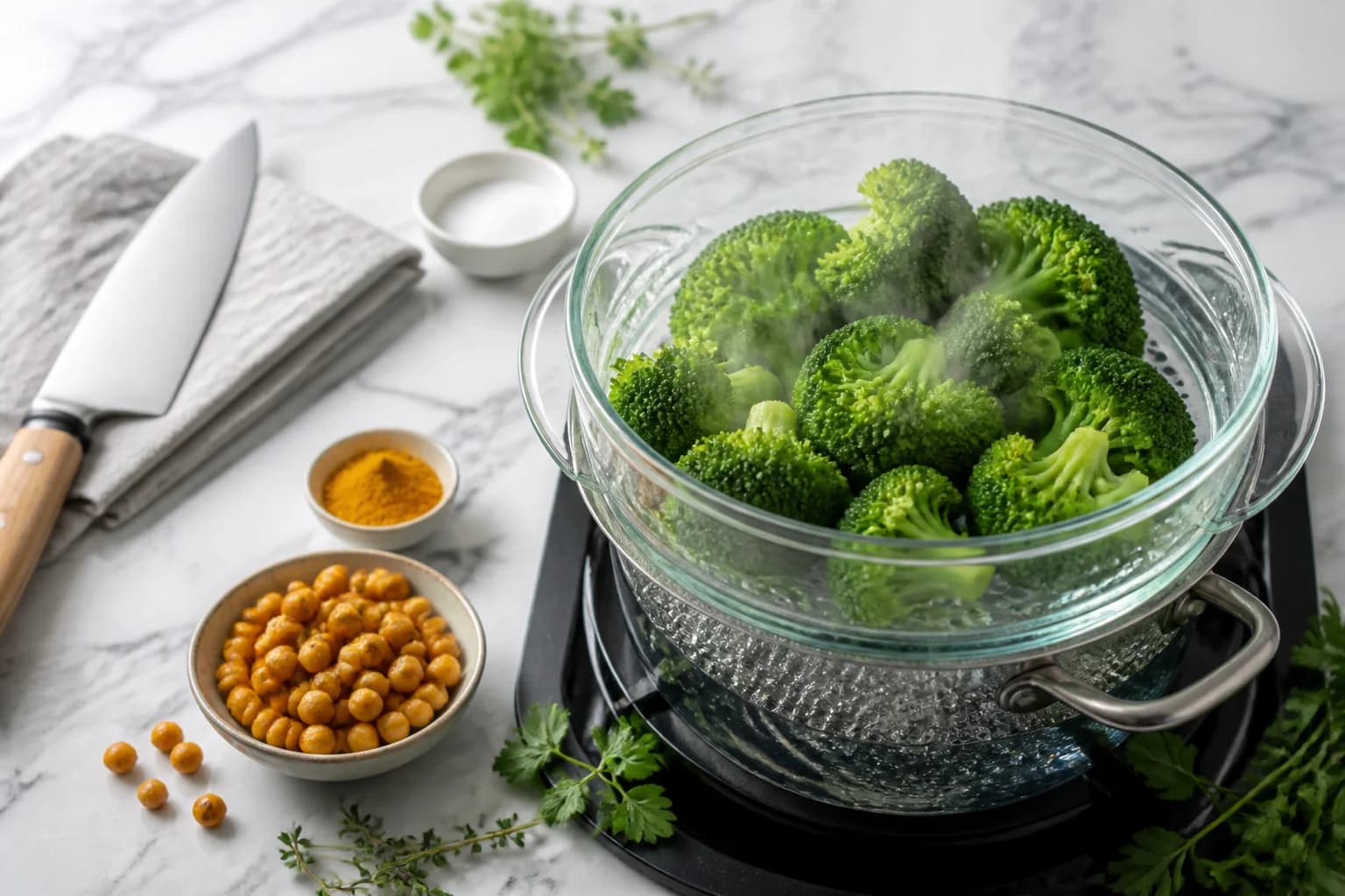 Étape 3 : Cuisson vapeur des légumes verts — Batch cooking protéiné minceur : 4 bases solides