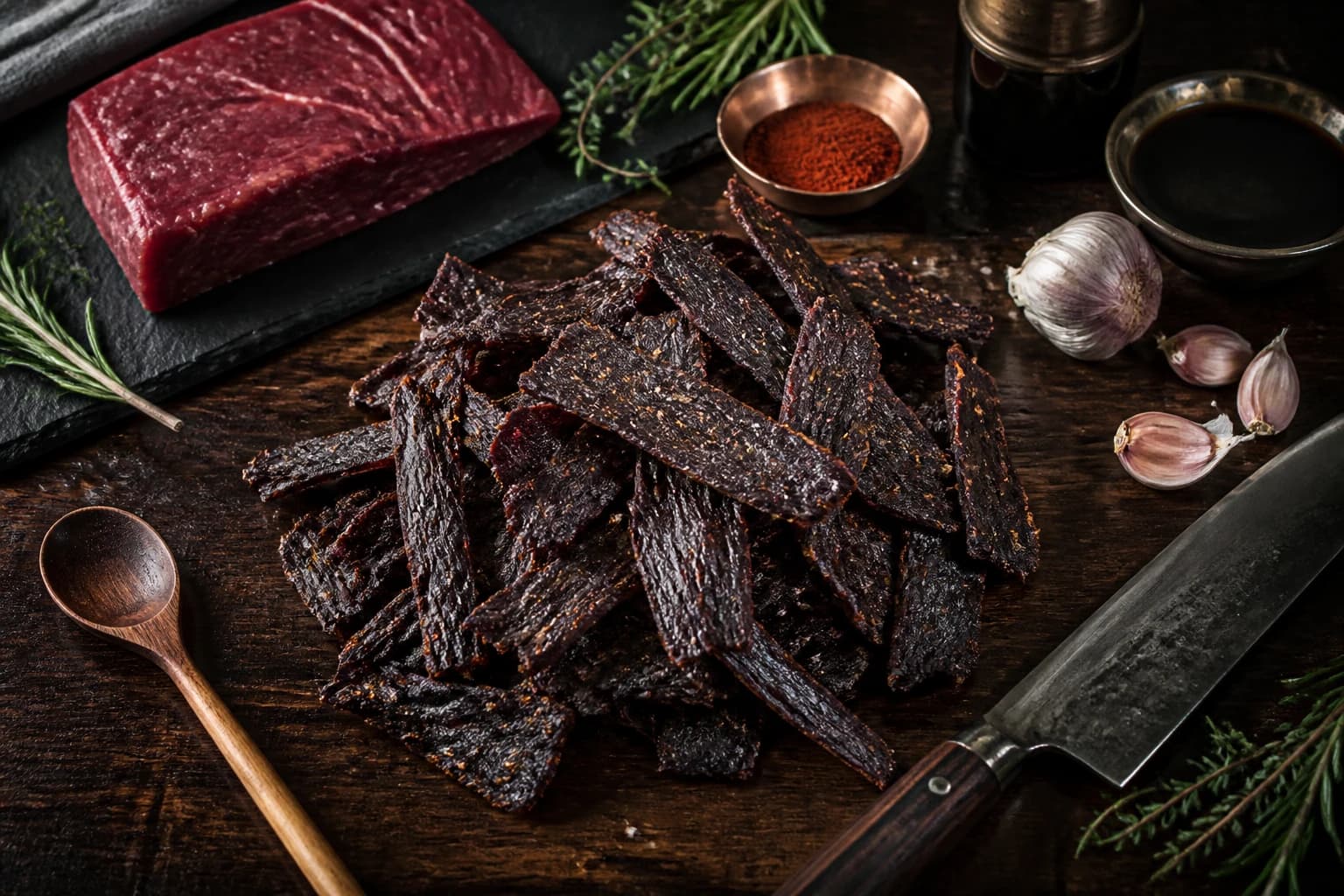 Beef jerky au four maison disposé en éventail sur une planche en bois, texture fibreuse visible, couleur acajou