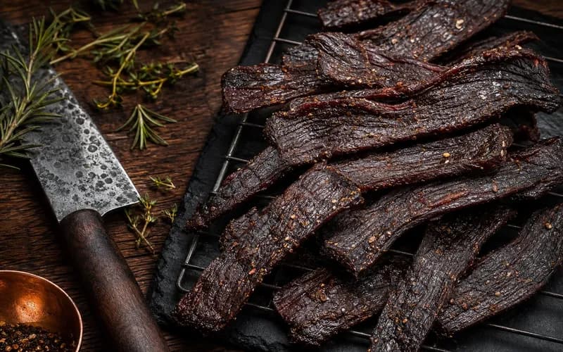Tranches de beef jerky au four posées sur une grille, couleur brun acajou, texture séchée et légèrement craquelée