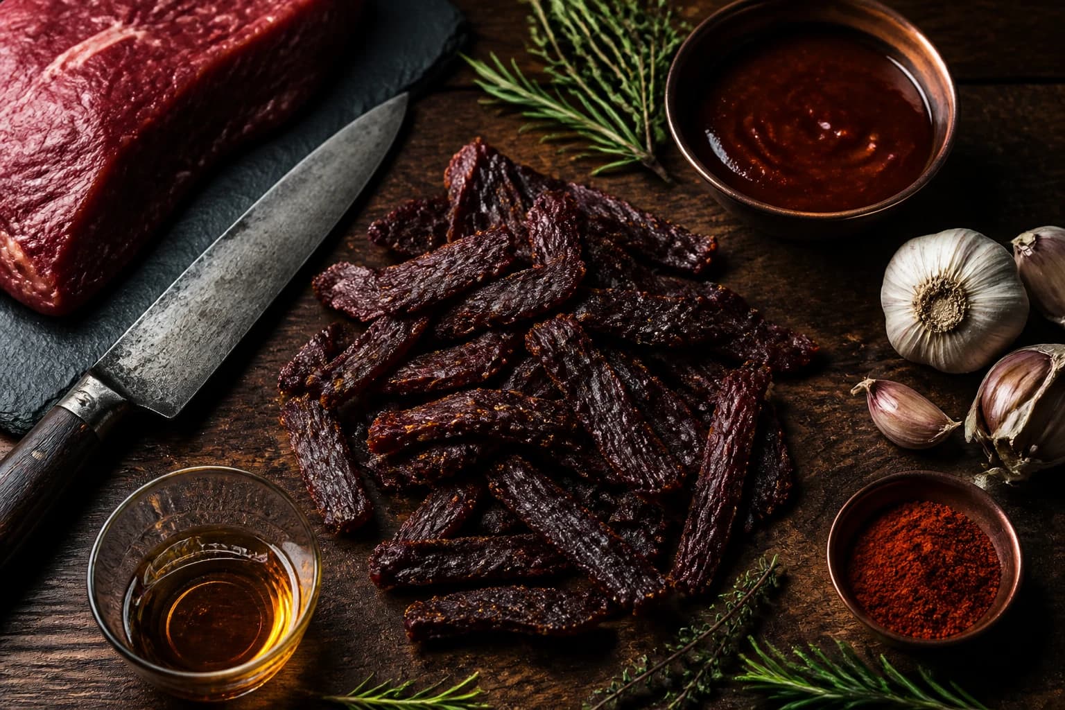 Beef jerky barbecue fumé maison en cours de séchage sur grille, tranches caramel brillant