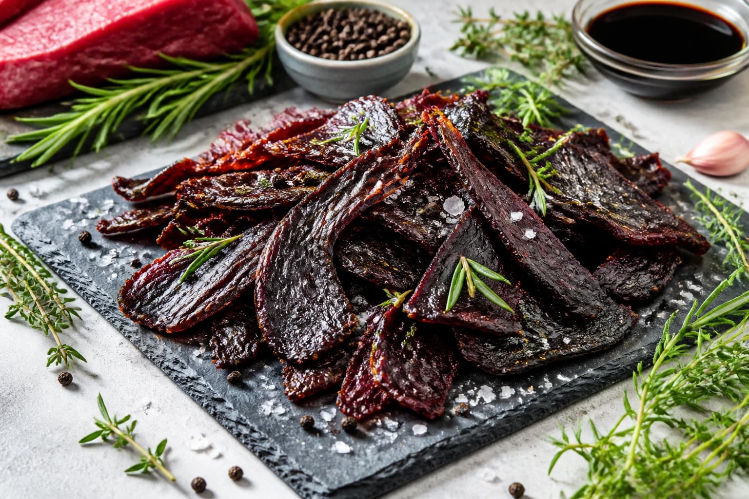 Beef jerky cajun maison en cours de séchage sur grille, tranches fines de bœuf aux épices cajun dorées
