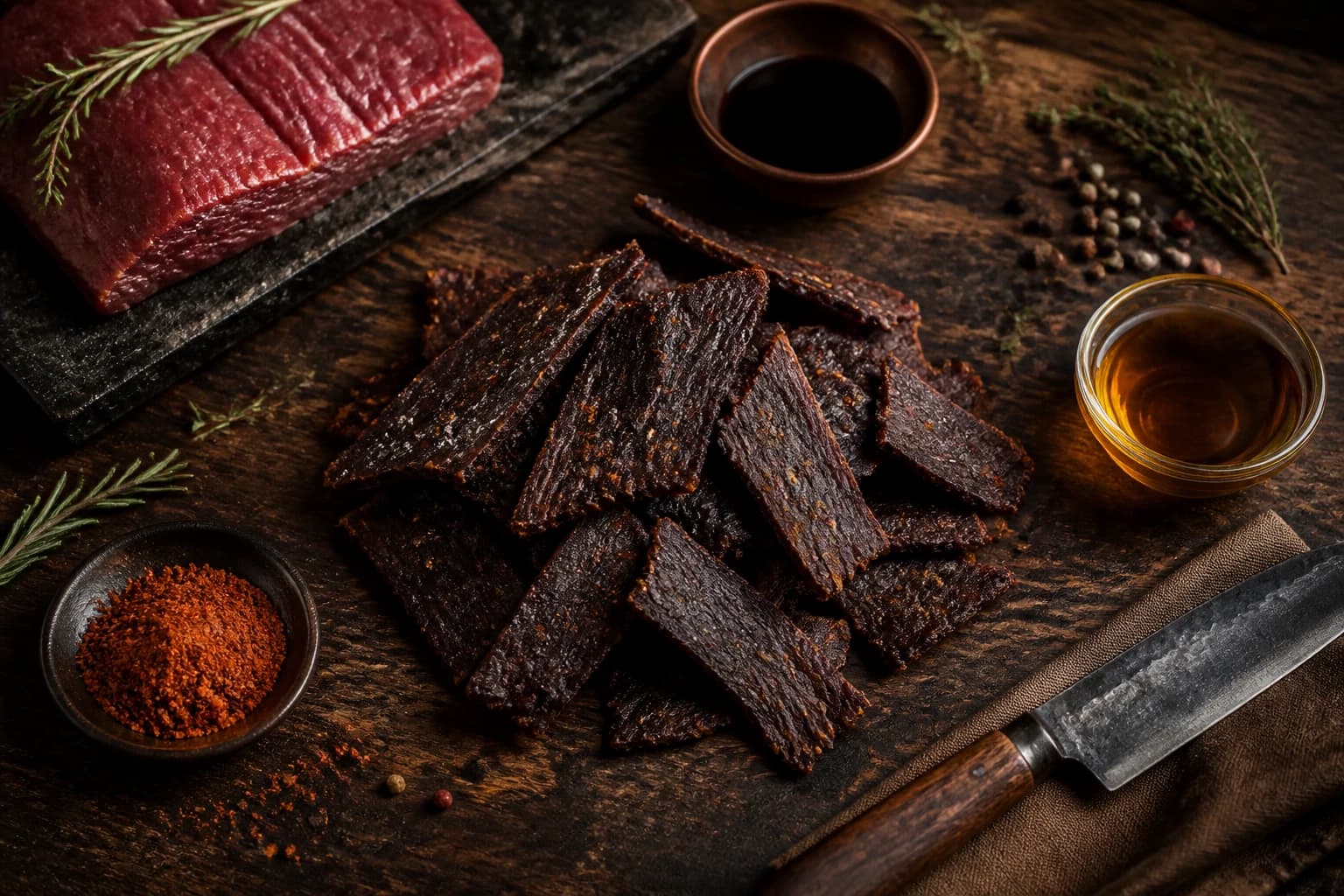 Beef jerky keto sans sucre étalé sur une grille après séchage au four, texture sèche et dorée