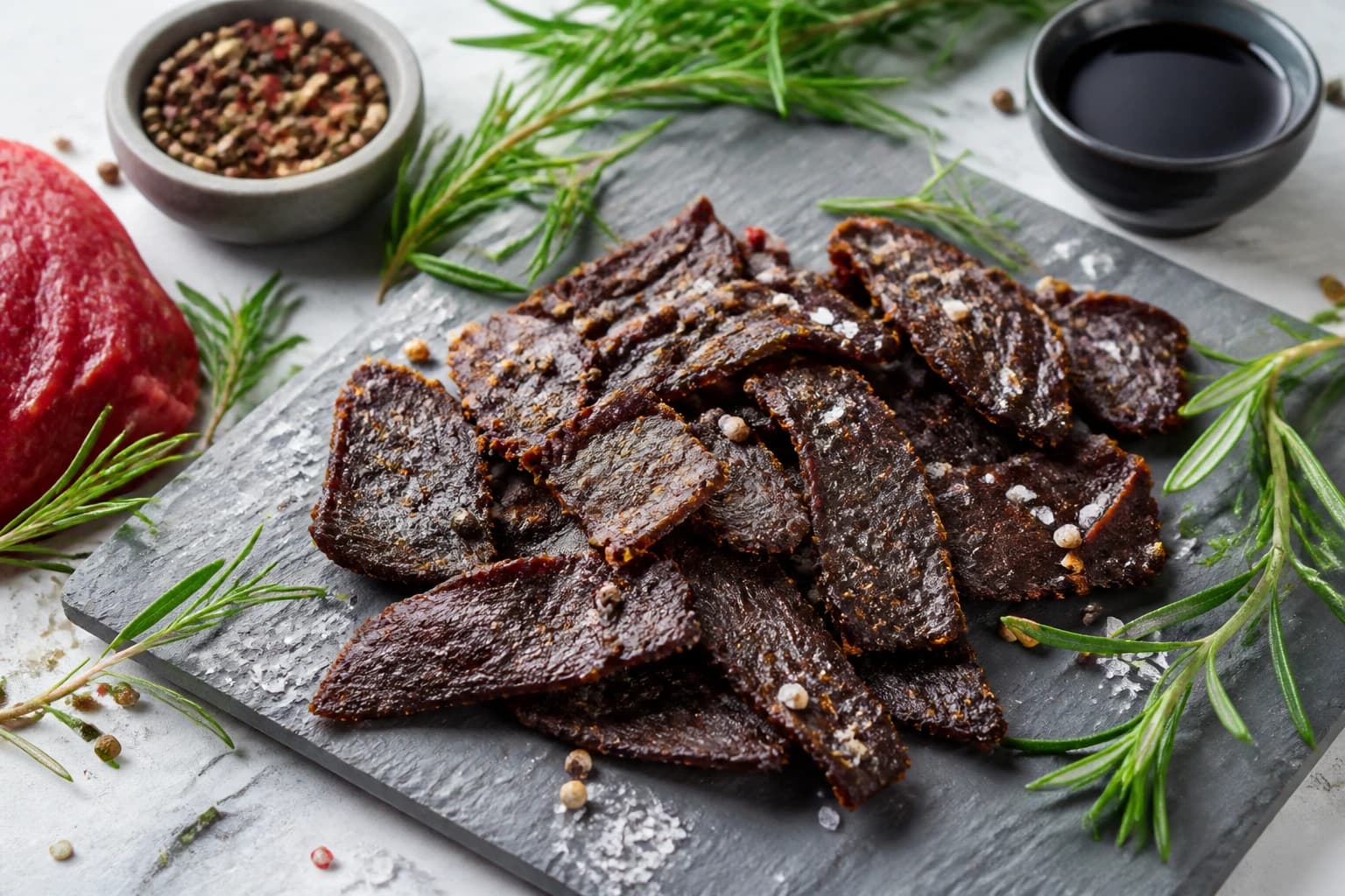 Beef jerky soja gingembre en cours de préparation, tranches marinées disposées sur grille de four