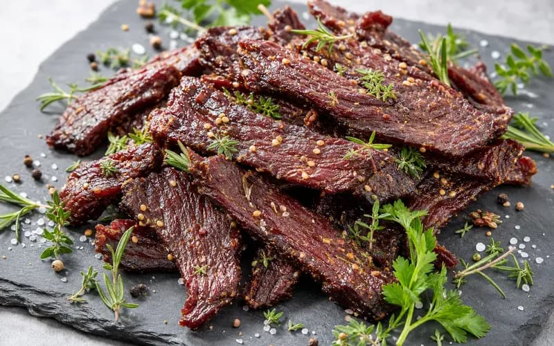 Beef jerky soja gingembre disposé sur une planche en bois, tranches séchées dorées et graines de sésame