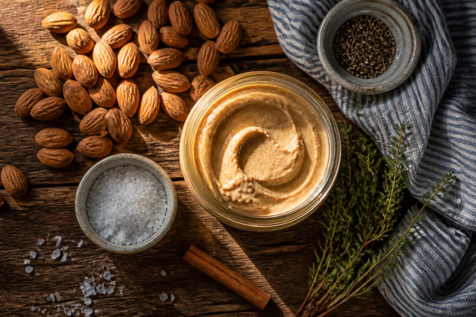Beurre d'amande maison ultra crémeux versé dans un bocal en verre sur une table en bois, cuillère dorée et amandes entières autour