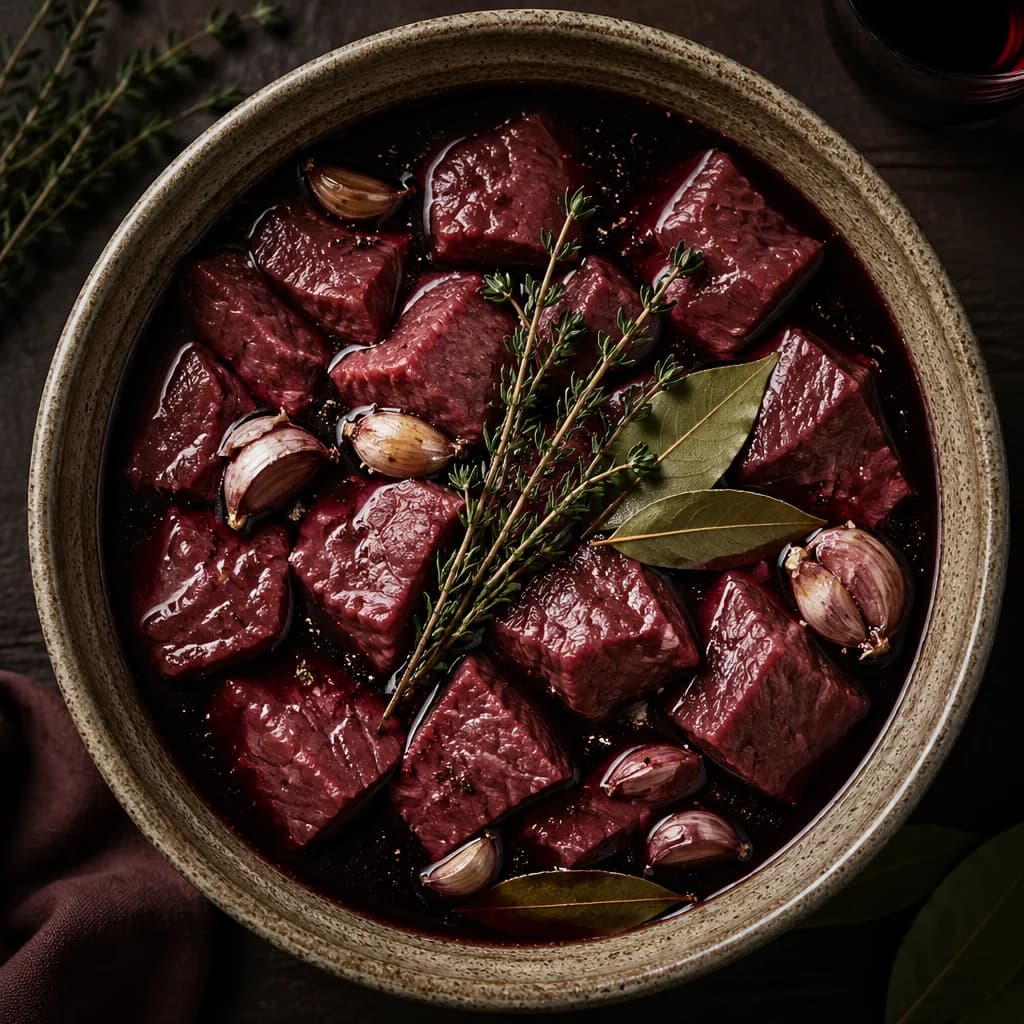 Étape 1 : Mariner la viande (facultatif) — Bœuf bourguignon allégé & fondant