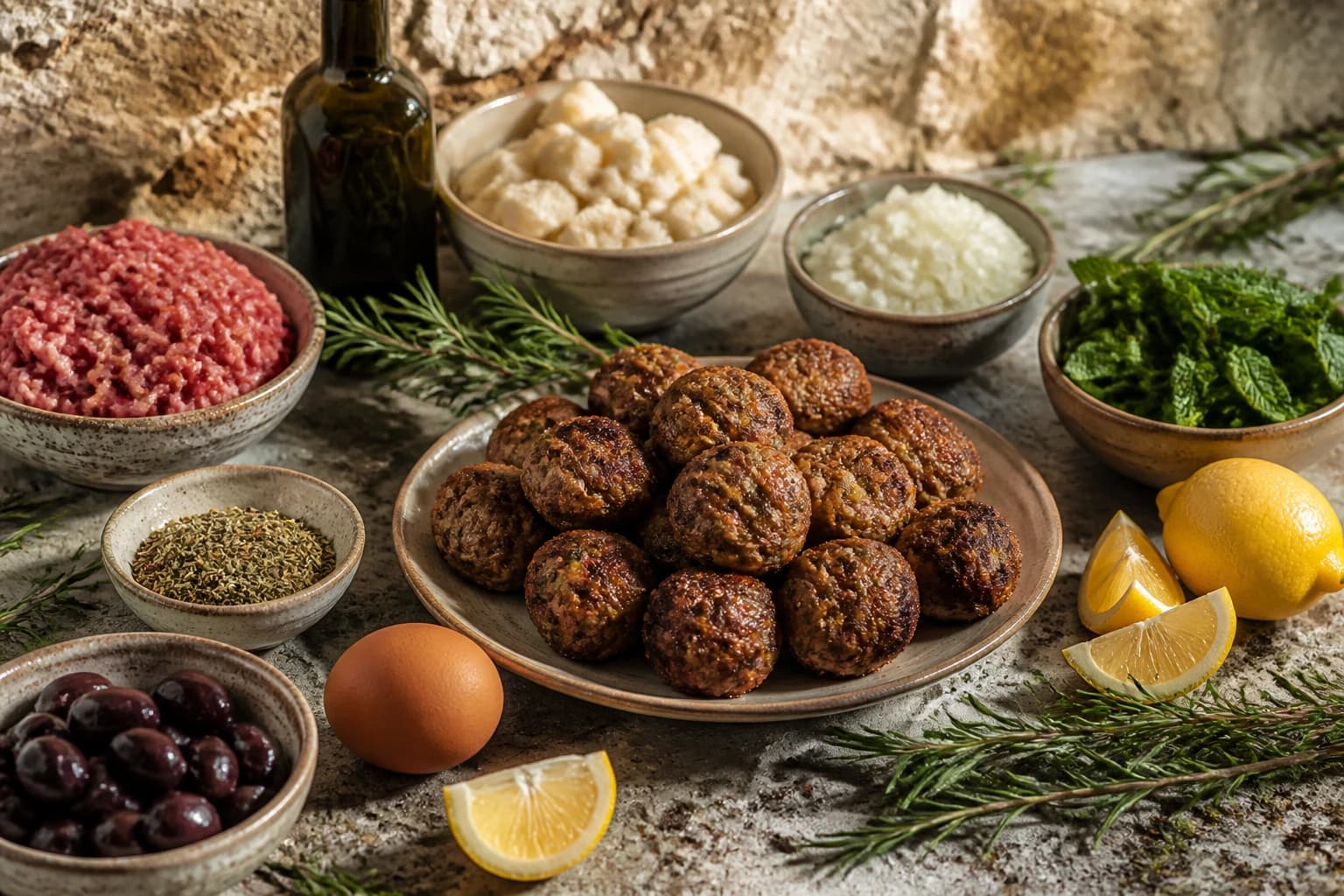 Boulettes grecques keftedes dorées à la menthe et l'origan servies en mezze avec citron et origan frais