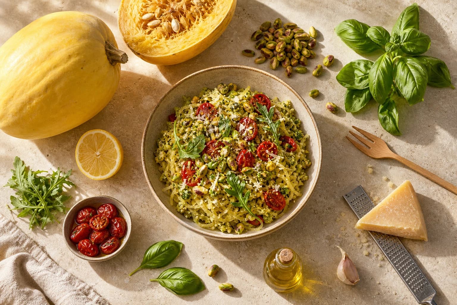 Bowl courge spaghetti pesto pistache vue de haut avec tomates confites et roquette