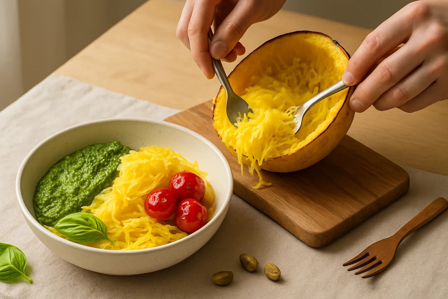 Etape 3 : Effilocher la courge en filaments — Courge spaghetti, pesto pistache