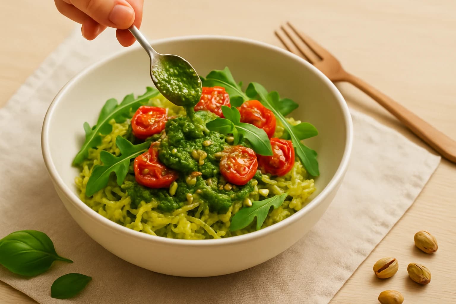 Etape 4 : Assembler les bowls — Courge spaghetti, pesto pistache