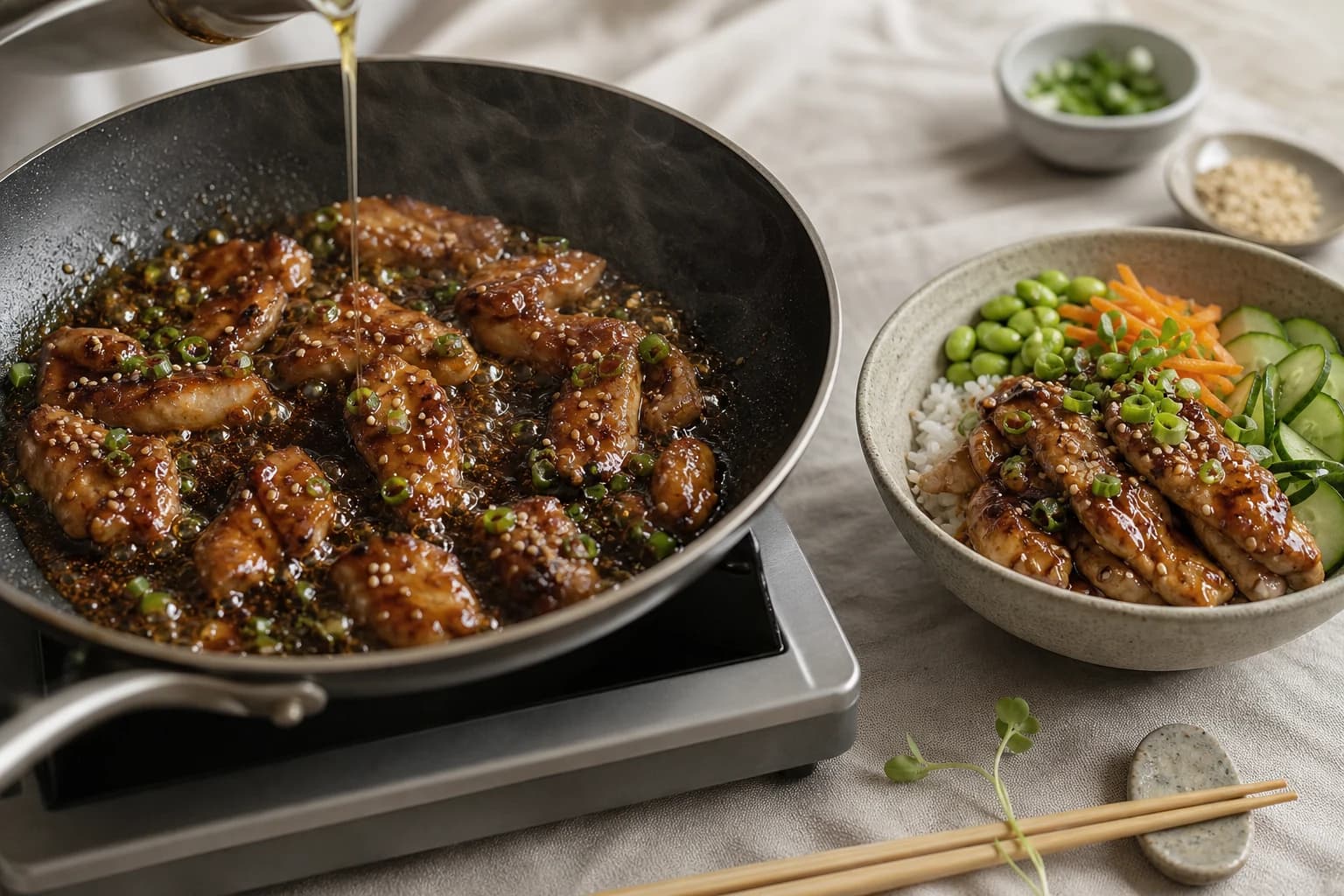 Etape 4 : Saisir le poulet et glacer — Bowl poulet teriyaki & edamames