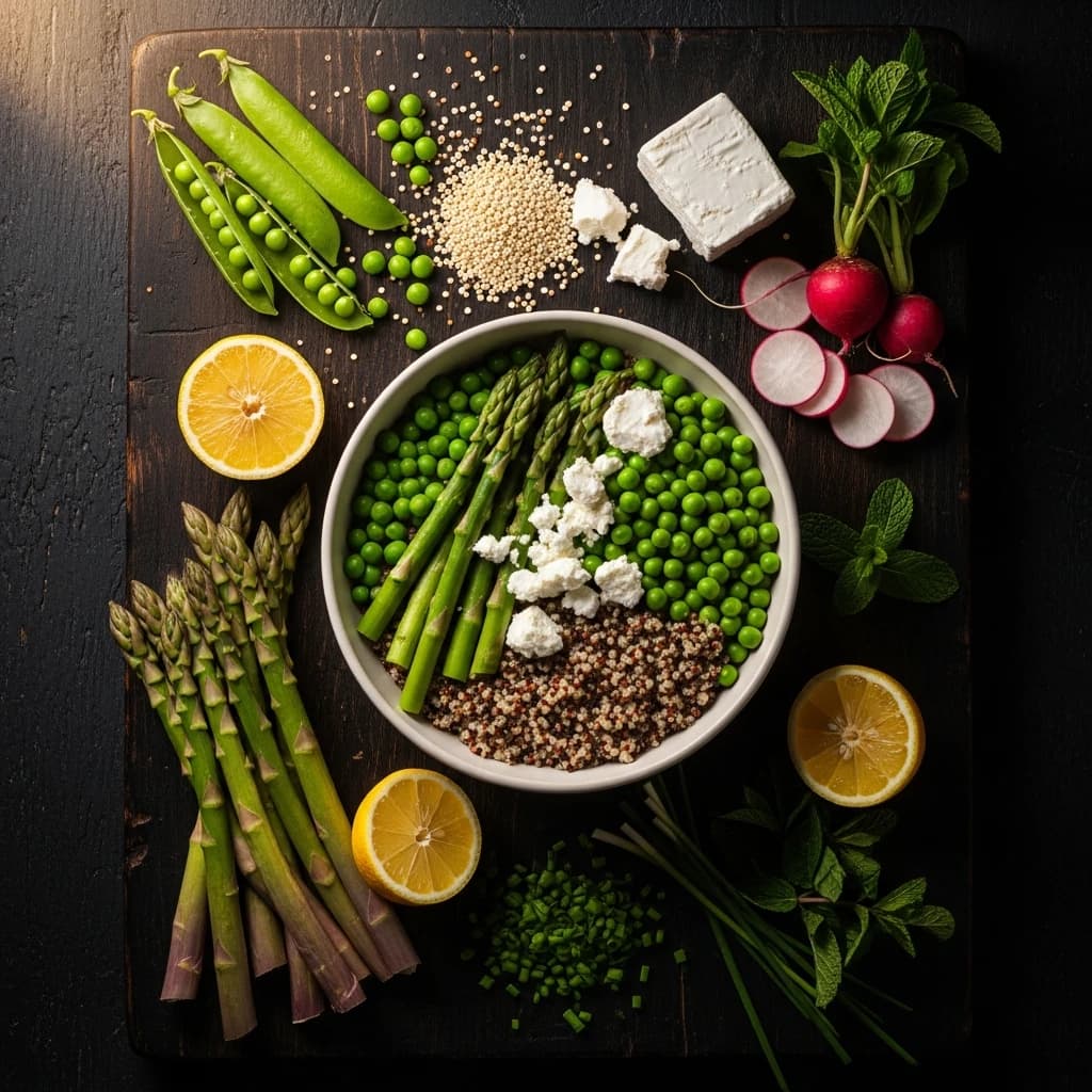 Bowl printanier asperges petits pois chèvre frais quinoa vue de haut avec légumes de saison éparpillés sur planche bois sombre